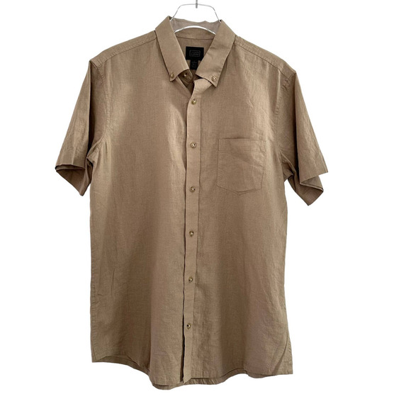 14th Union  Button Up Shirt Men Large Tan Short Sleeve Linen Cotton Blend Casual - Picture 1 of 7